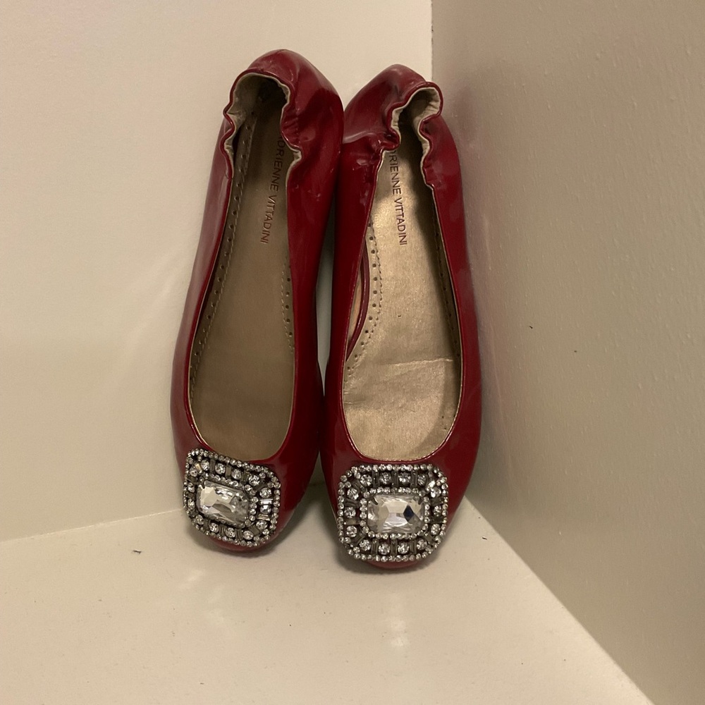 Red patent flat with embellished toes